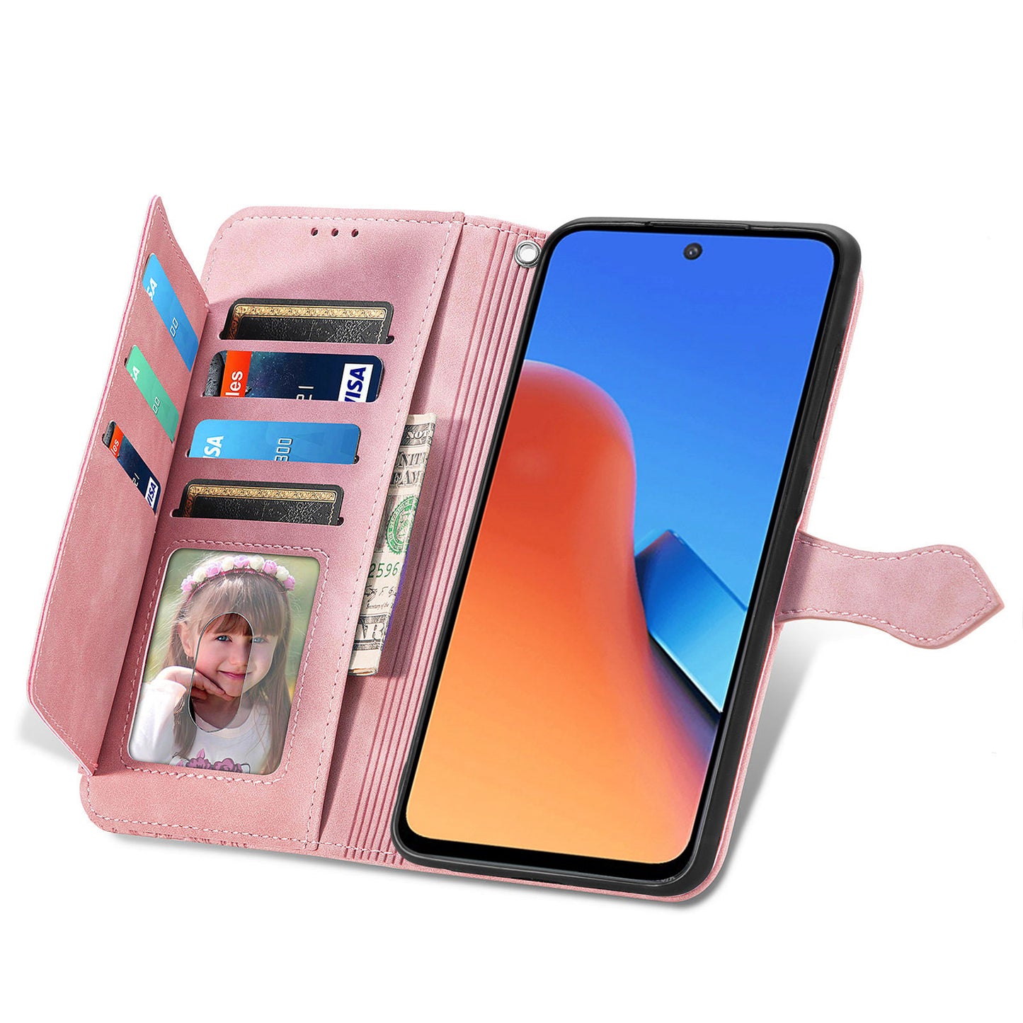 Uniqkart for Xiaomi Redmi 12 4G Zipper Pocket Stand Phone Case PU Leather Wallet Flower Imprinted Cover - Pink