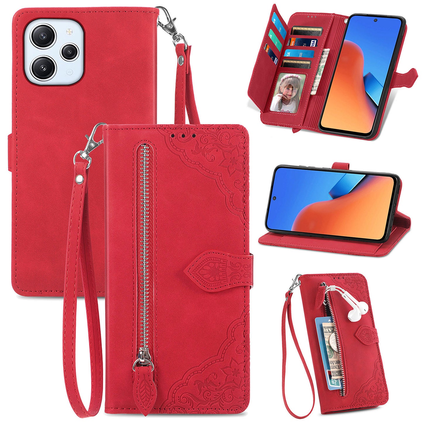 Uniqkart for Xiaomi Redmi 12 4G Zipper Pocket Stand Phone Case PU Leather Wallet Flower Imprinted Cover - Red