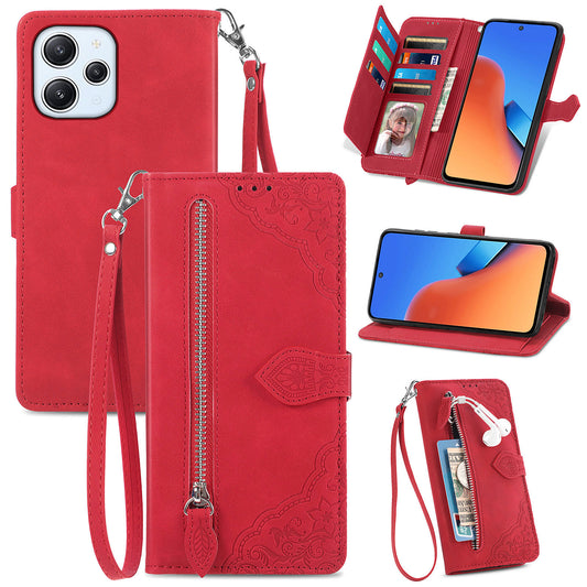 Uniqkart for Xiaomi Redmi 12 4G Zipper Pocket Stand Phone Case PU Leather Wallet Flower Imprinted Cover - Red