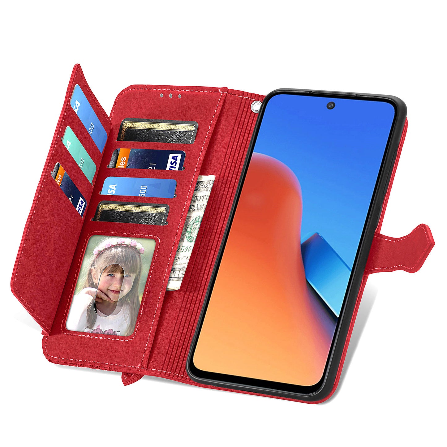 Uniqkart for Xiaomi Redmi 12 4G Zipper Pocket Stand Phone Case PU Leather Wallet Flower Imprinted Cover - Red