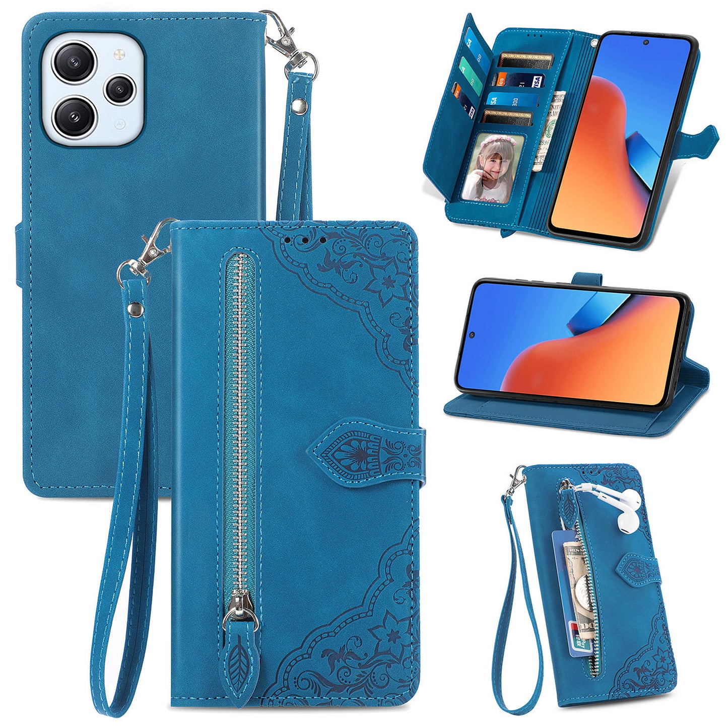 Uniqkart for Xiaomi Redmi 12 4G Zipper Pocket Stand Phone Case PU Leather Wallet Flower Imprinted Cover - Blue