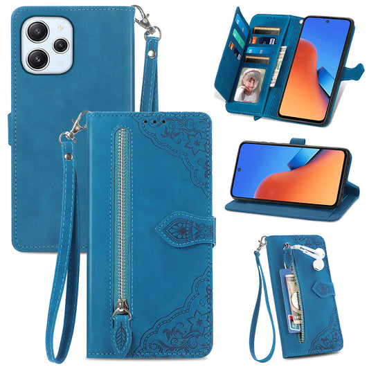Uniqkart for Xiaomi Redmi 12 4G Zipper Pocket Stand Phone Case PU Leather Wallet Flower Imprinted Cover - Blue