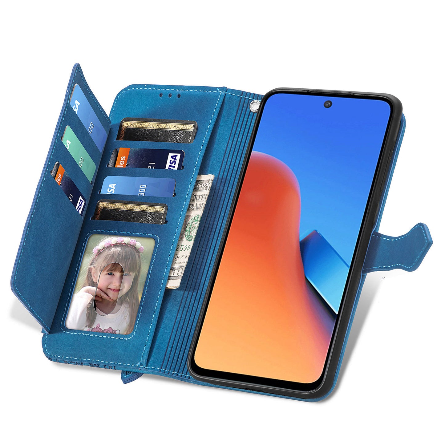 Uniqkart for Xiaomi Redmi 12 4G Zipper Pocket Stand Phone Case PU Leather Wallet Flower Imprinted Cover - Blue
