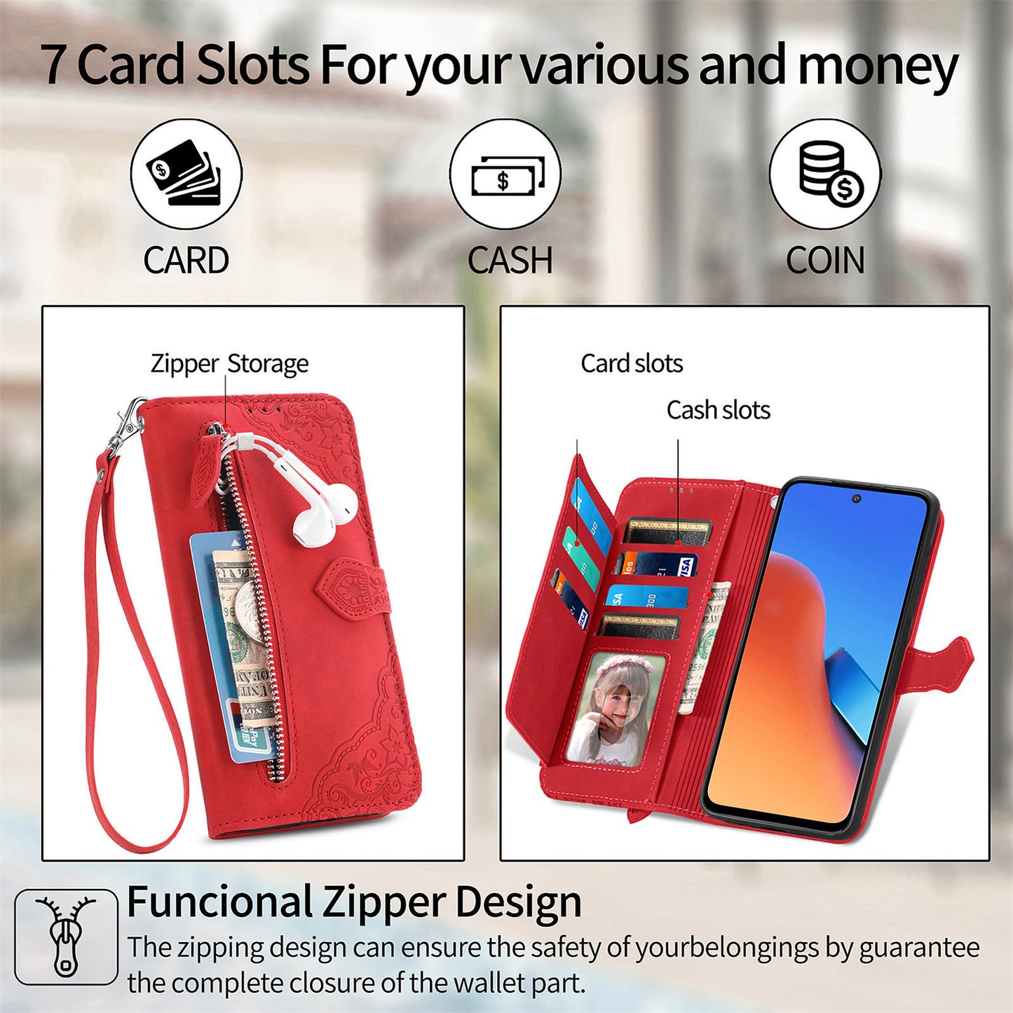 Uniqkart for Xiaomi Redmi 12 4G Zipper Pocket Stand Phone Case PU Leather Wallet Flower Imprinted Cover - Blue