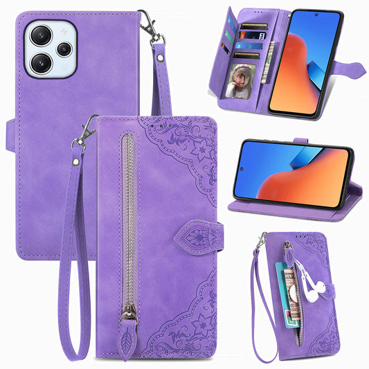 Uniqkart for Xiaomi Redmi 12 4G Zipper Pocket Stand Phone Case PU Leather Wallet Flower Imprinted Cover - Light Purple