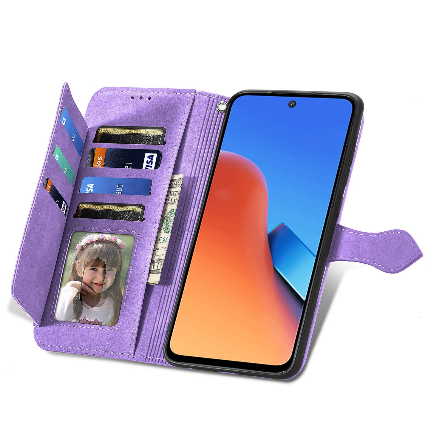 Uniqkart for Xiaomi Redmi 12 4G Zipper Pocket Stand Phone Case PU Leather Wallet Flower Imprinted Cover - Light Purple