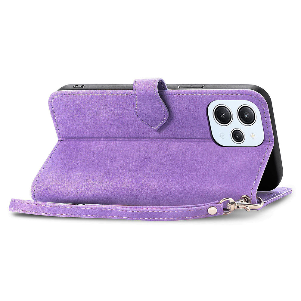 Uniqkart for Xiaomi Redmi 12 4G Zipper Pocket Stand Phone Case PU Leather Wallet Flower Imprinted Cover - Light Purple