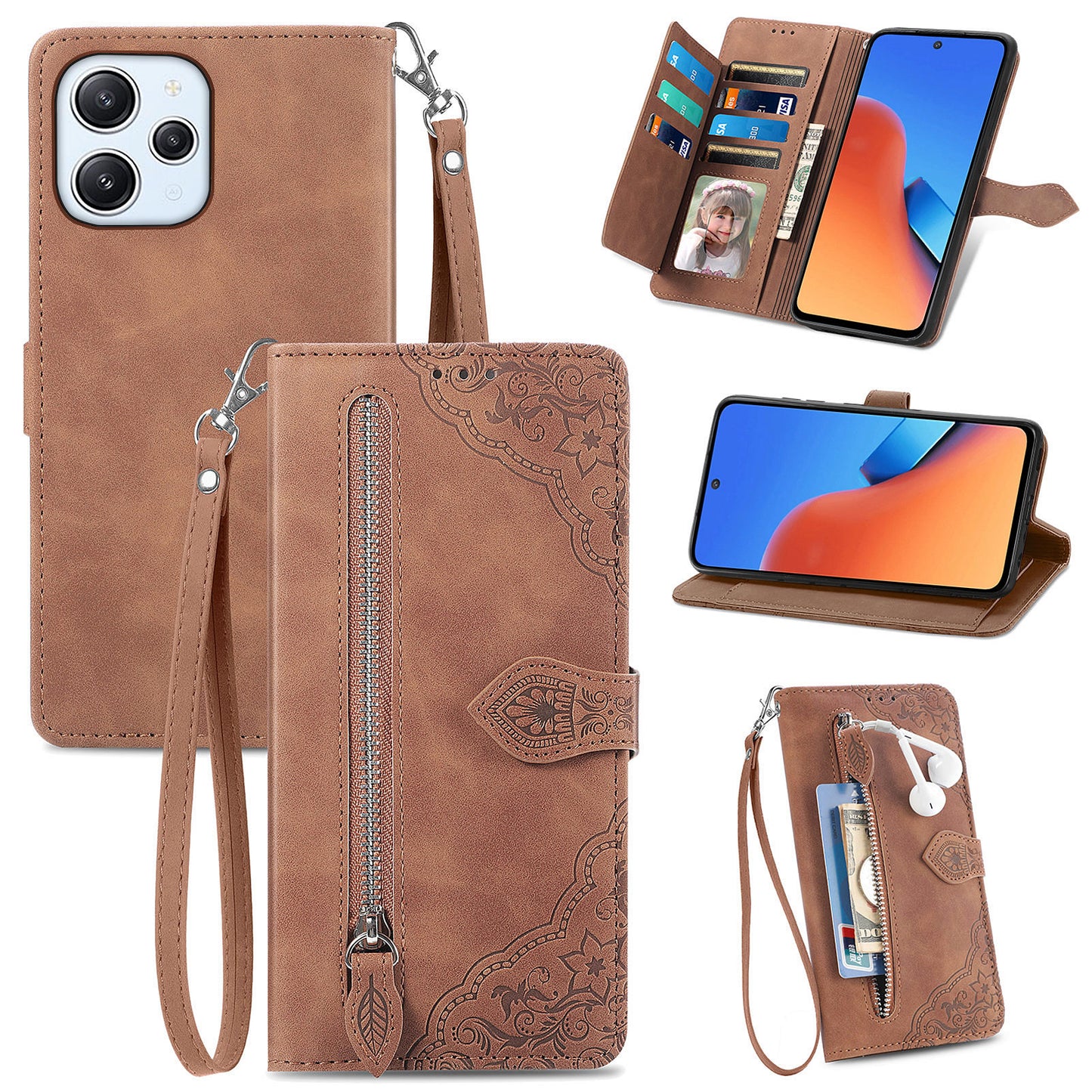 Uniqkart for Xiaomi Redmi 12 4G Zipper Pocket Stand Phone Case PU Leather Wallet Flower Imprinted Cover - Brown