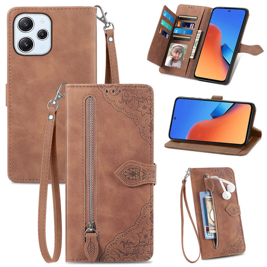 Uniqkart for Xiaomi Redmi 12 4G Zipper Pocket Stand Phone Case PU Leather Wallet Flower Imprinted Cover - Brown