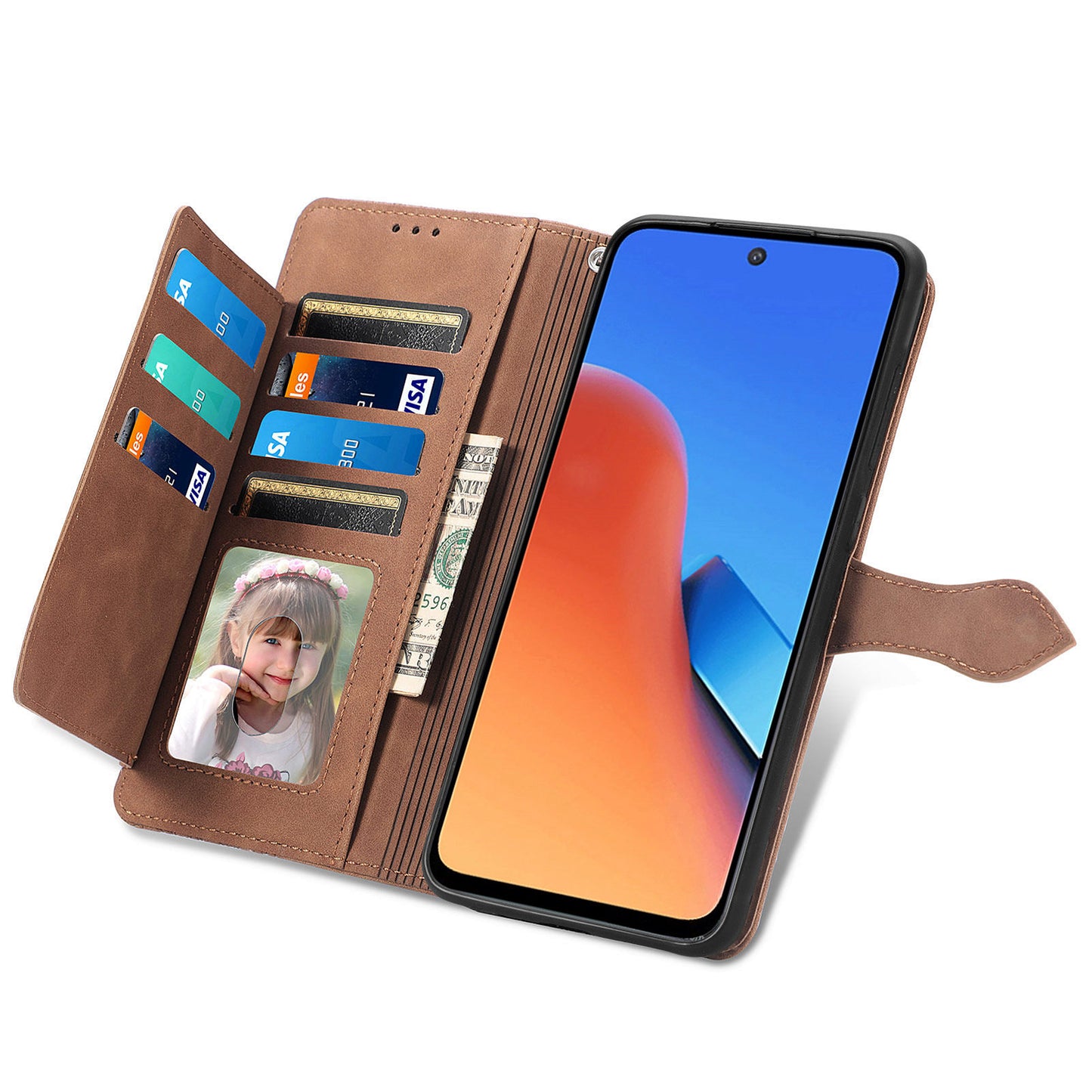 Uniqkart for Xiaomi Redmi 12 4G Zipper Pocket Stand Phone Case PU Leather Wallet Flower Imprinted Cover - Brown