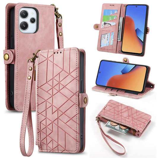 Uniqkart for Xiaomi Redmi 12 4G Zipper Pocket Wallet Stand Leather Case Geometry Imprinted Phone Cover with Strap - Pink