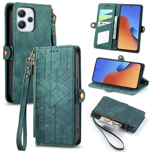 Uniqkart for Xiaomi Redmi 12 4G Zipper Pocket Wallet Stand Leather Case Geometry Imprinted Phone Cover with Strap - Green