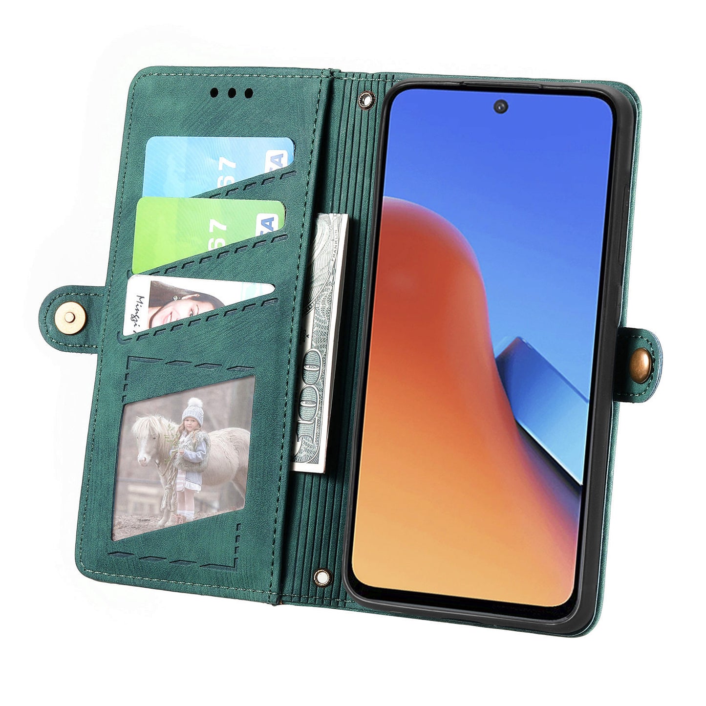 Uniqkart for Xiaomi Redmi 12 4G Zipper Pocket Wallet Stand Leather Case Geometry Imprinted Phone Cover with Strap - Green