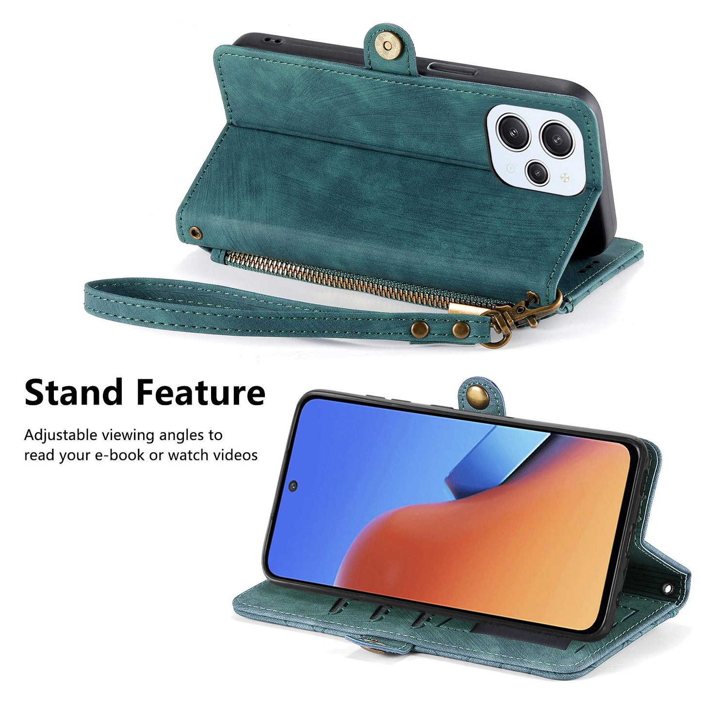 Uniqkart for Xiaomi Redmi 12 4G Zipper Pocket Wallet Stand Leather Case Geometry Imprinted Phone Cover with Strap - Green