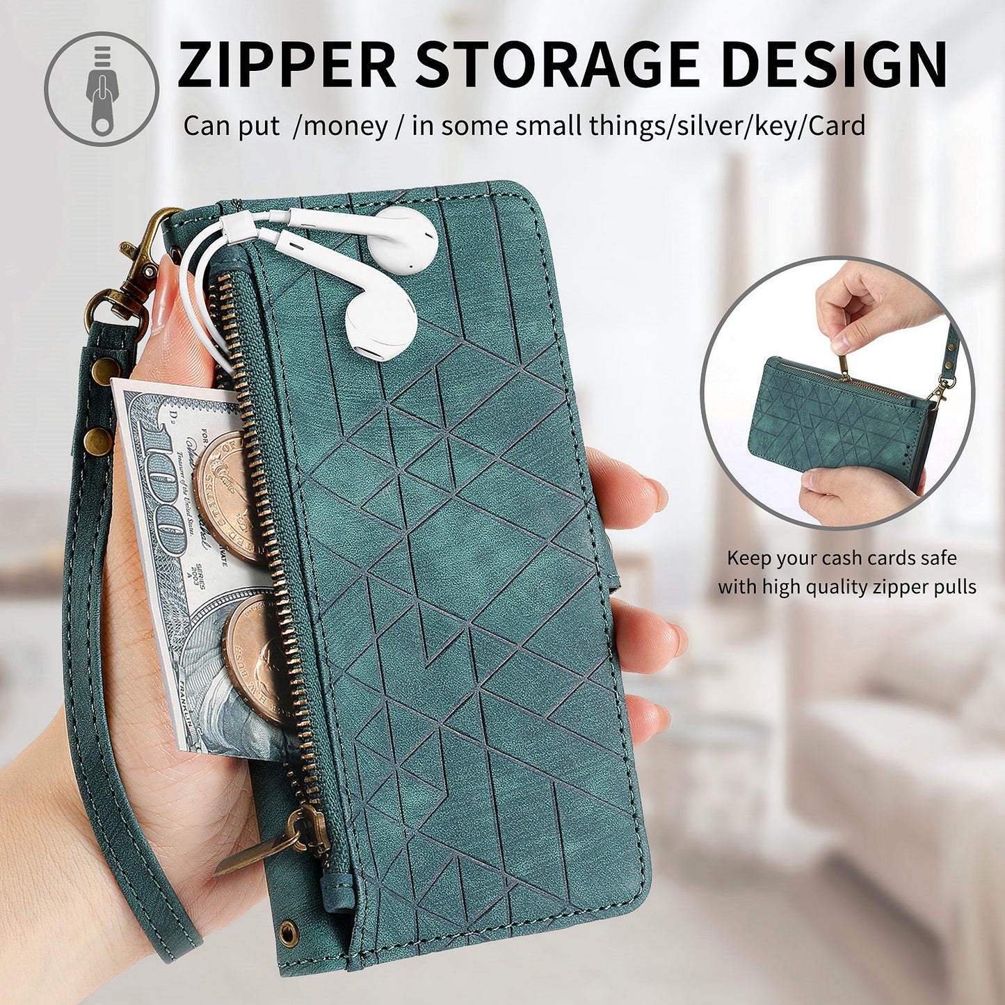 Uniqkart for Xiaomi Redmi 12 4G Zipper Pocket Wallet Stand Leather Case Geometry Imprinted Phone Cover with Strap - Green