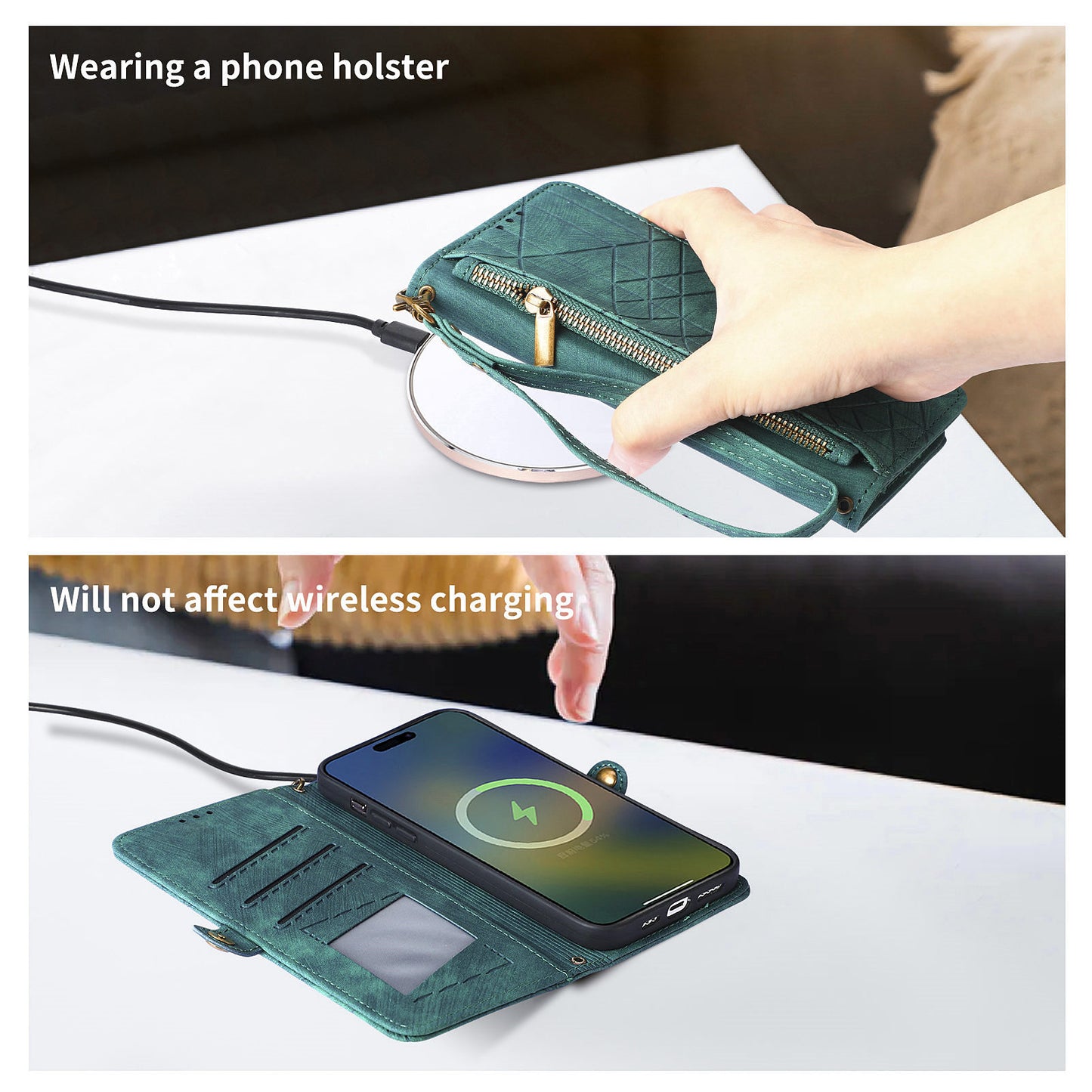 Uniqkart for Xiaomi Redmi 12 4G Zipper Pocket Wallet Stand Leather Case Geometry Imprinted Phone Cover with Strap - Green