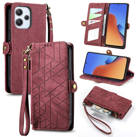 Uniqkart for Xiaomi Redmi 12 4G Zipper Pocket Wallet Stand Leather Case Geometry Imprinted Phone Cover with Strap - Red