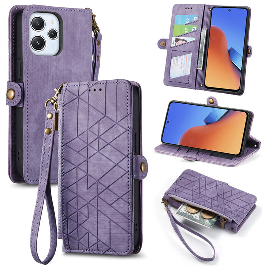 Uniqkart for Xiaomi Redmi 12 4G Zipper Pocket Wallet Stand Leather Case Geometry Imprinted Phone Cover with Strap - Purple
