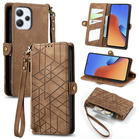 Uniqkart for Xiaomi Redmi 12 4G Zipper Pocket Wallet Stand Leather Case Geometry Imprinted Phone Cover with Strap - Brown