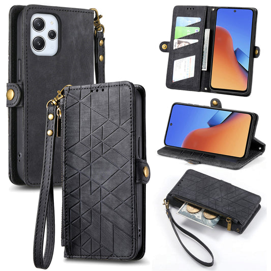 Uniqkart for Xiaomi Redmi 12 4G Zipper Pocket Wallet Stand Leather Case Geometry Imprinted Phone Cover with Strap - Black
