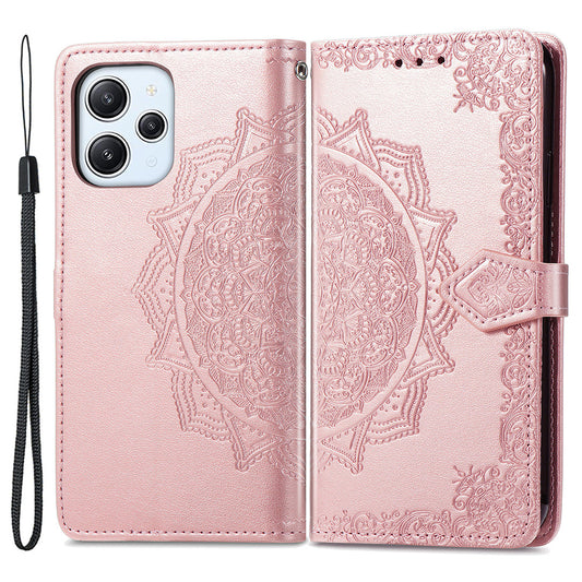 Uniqkart for Xiaomi Redmi 12 4G Embossed Mandala PU Leather Case Stand Wallet Phone Cover - Rose Gold