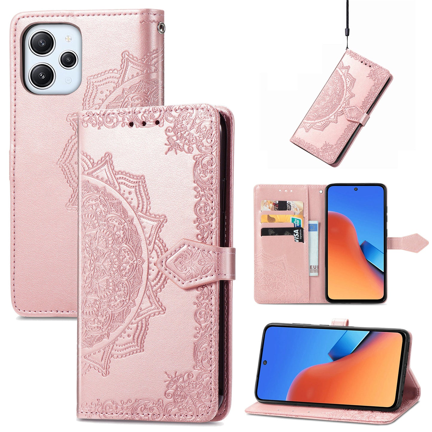 Uniqkart for Xiaomi Redmi 12 4G Embossed Mandala PU Leather Case Stand Wallet Phone Cover - Rose Gold