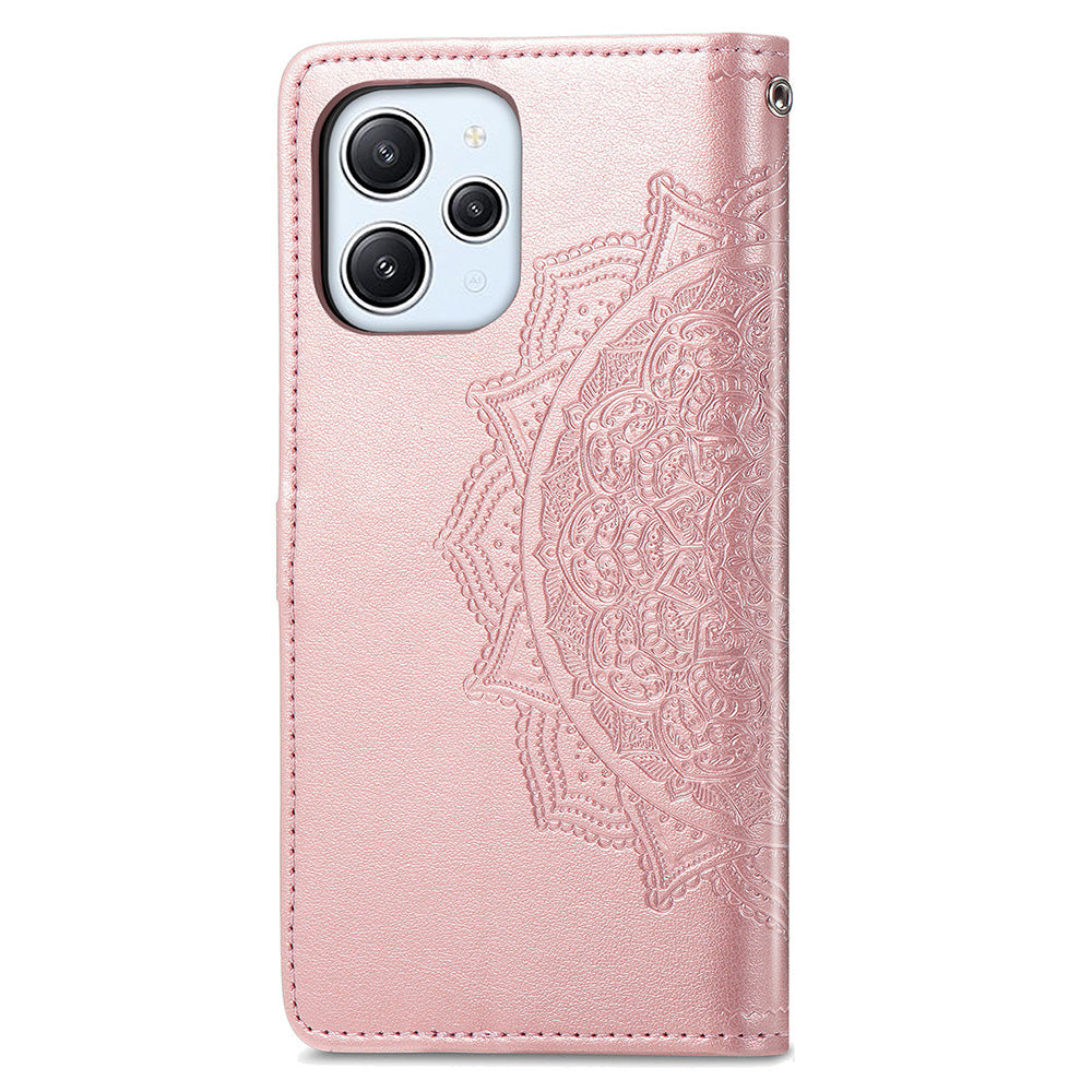 Uniqkart for Xiaomi Redmi 12 4G Embossed Mandala PU Leather Case Stand Wallet Phone Cover - Rose Gold