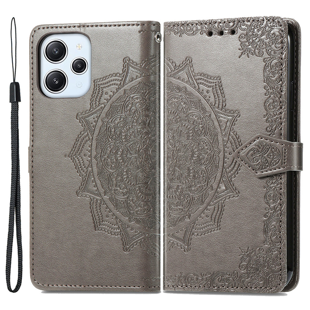 Uniqkart for Xiaomi Redmi 12 4G Embossed Mandala PU Leather Case Stand Wallet Phone Cover - Grey