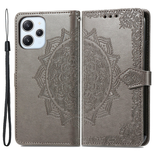 Uniqkart for Xiaomi Redmi 12 4G Embossed Mandala PU Leather Case Stand Wallet Phone Cover - Grey