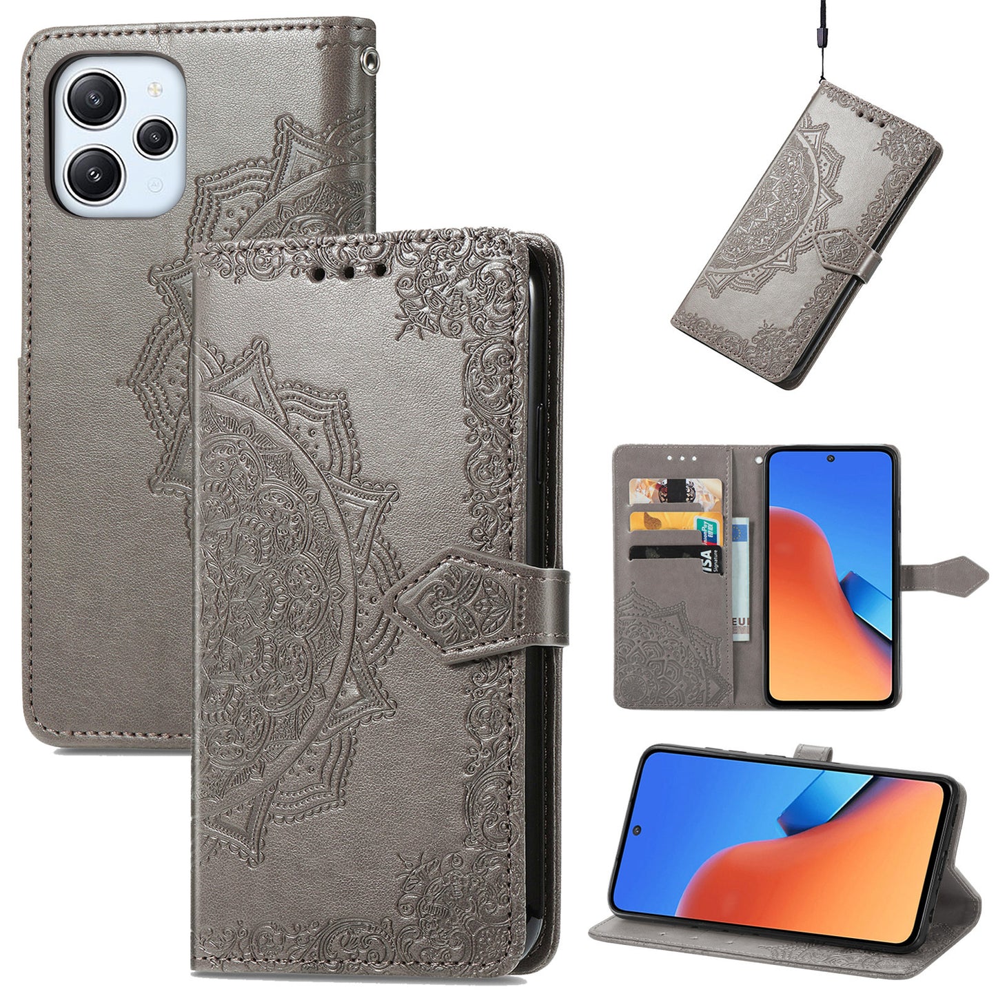 Uniqkart for Xiaomi Redmi 12 4G Embossed Mandala PU Leather Case Stand Wallet Phone Cover - Grey