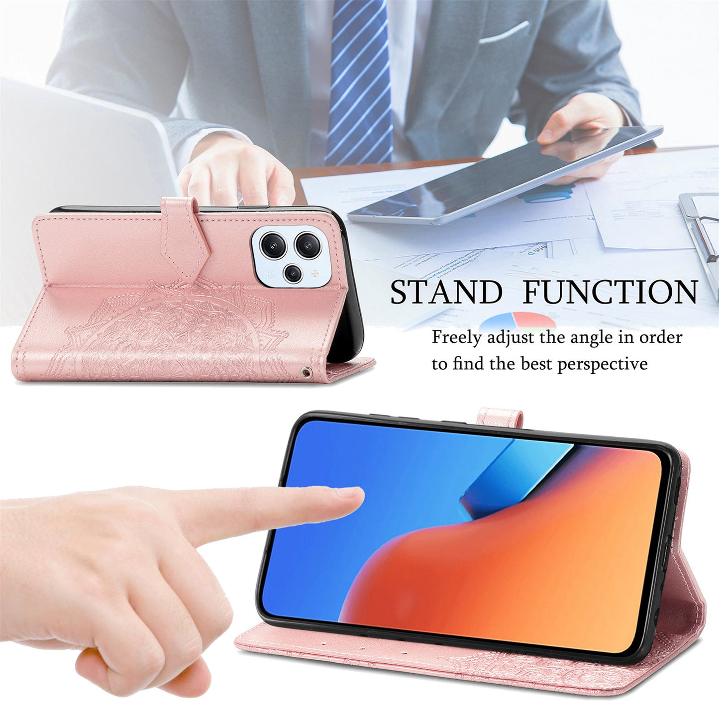 Uniqkart for Xiaomi Redmi 12 4G Embossed Mandala PU Leather Case Stand Wallet Phone Cover - Grey