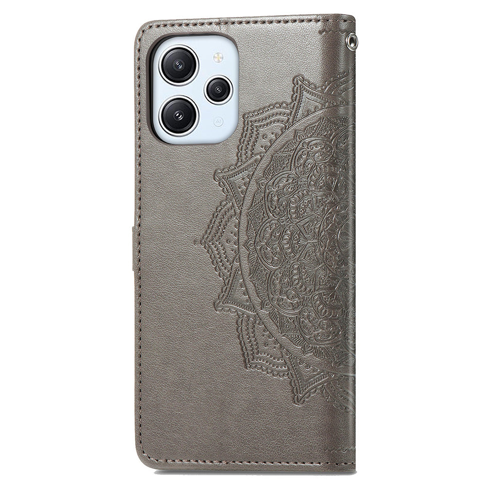 Uniqkart for Xiaomi Redmi 12 4G Embossed Mandala PU Leather Case Stand Wallet Phone Cover - Grey