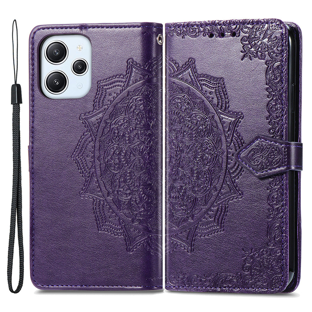 Uniqkart for Xiaomi Redmi 12 4G Embossed Mandala PU Leather Case Stand Wallet Phone Cover - Purple
