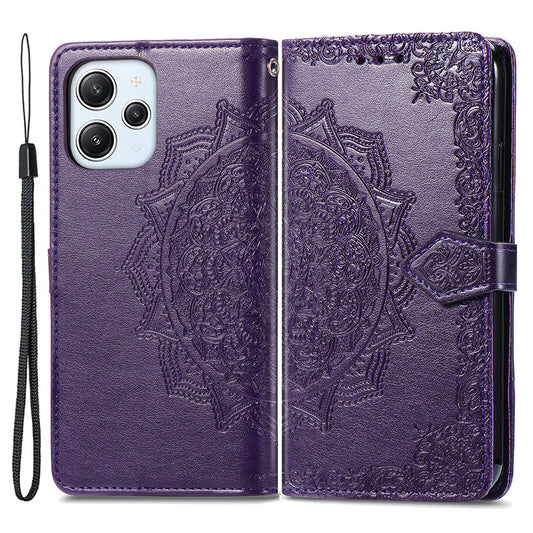 Uniqkart for Xiaomi Redmi 12 4G Embossed Mandala PU Leather Case Stand Wallet Phone Cover - Purple