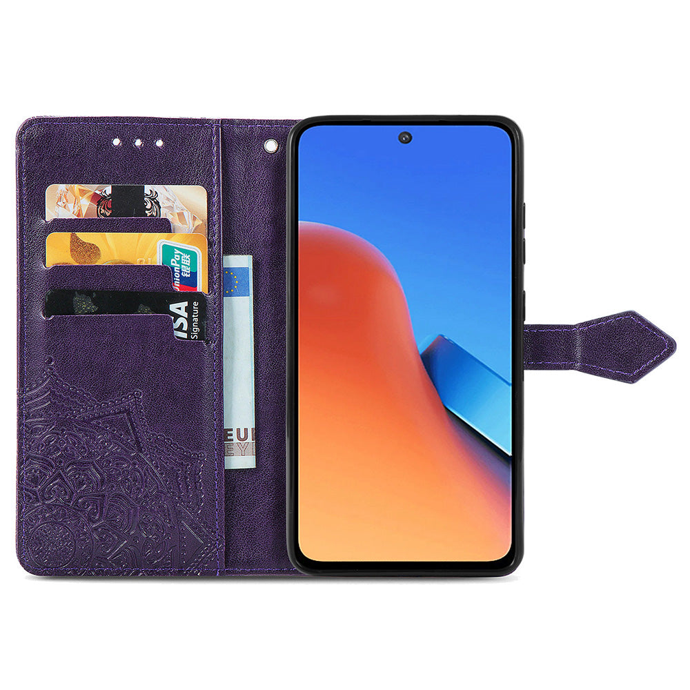 Uniqkart for Xiaomi Redmi 12 4G Embossed Mandala PU Leather Case Stand Wallet Phone Cover - Purple