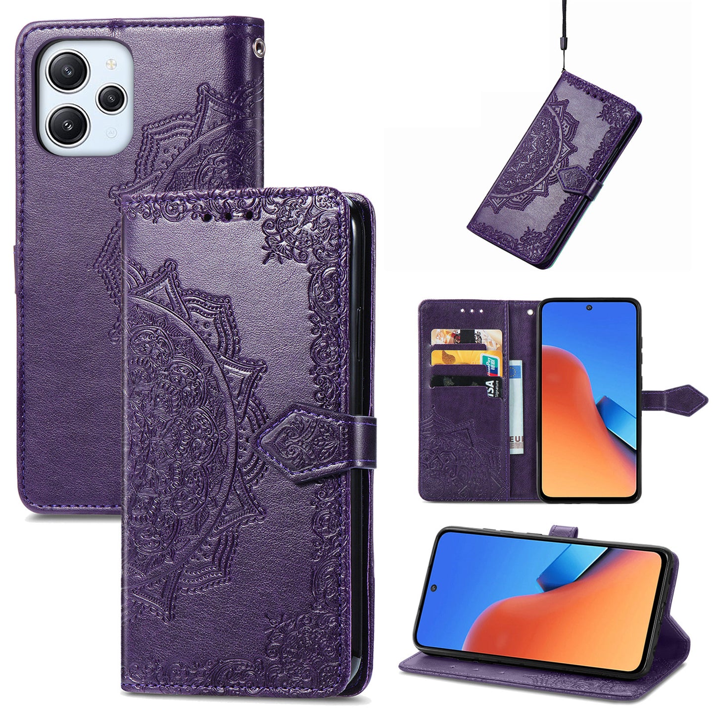 Uniqkart for Xiaomi Redmi 12 4G Embossed Mandala PU Leather Case Stand Wallet Phone Cover - Purple