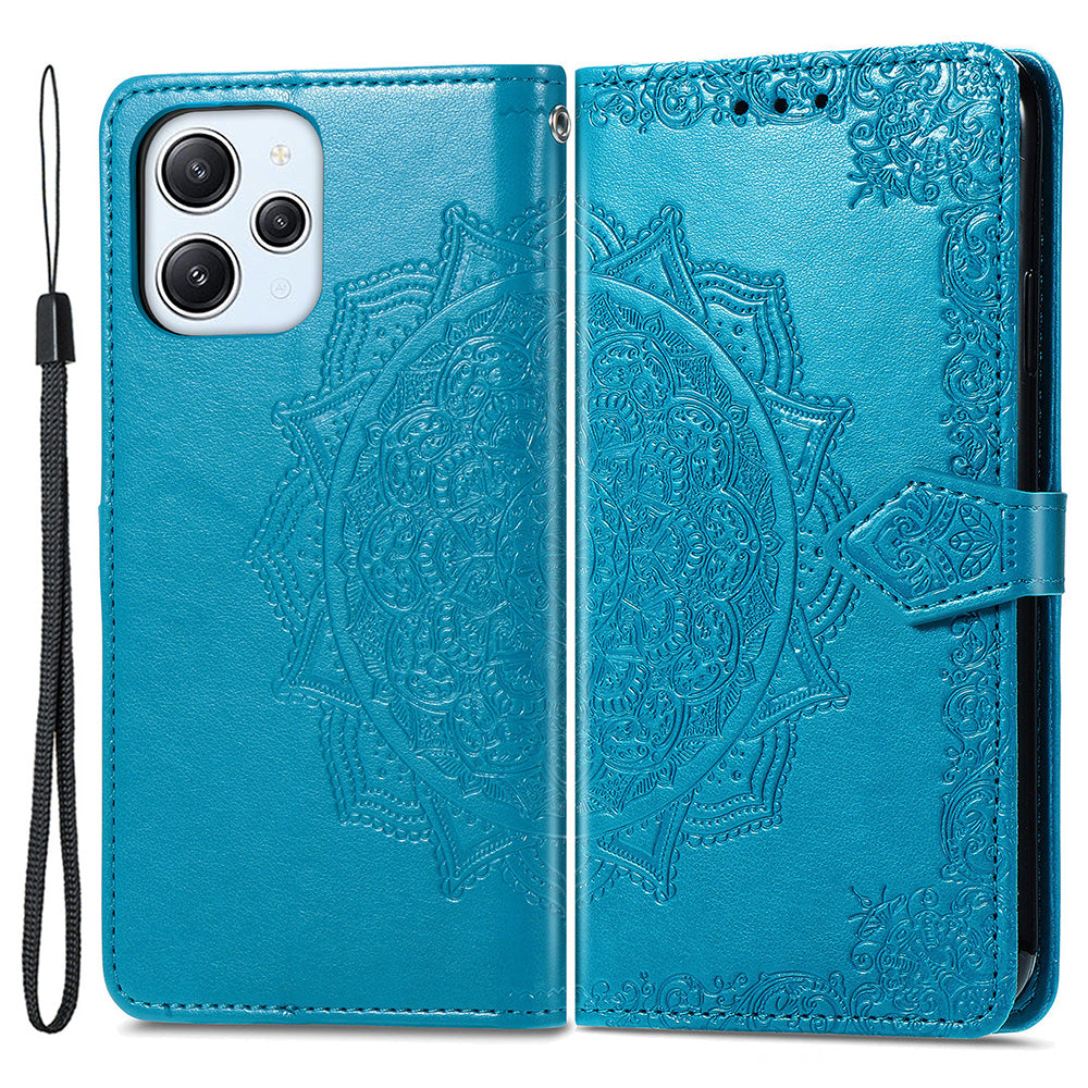 Uniqkart for Xiaomi Redmi 12 4G Embossed Mandala PU Leather Case Stand Wallet Phone Cover - Blue