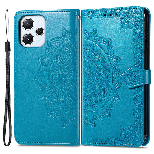 Uniqkart for Xiaomi Redmi 12 4G Embossed Mandala PU Leather Case Stand Wallet Phone Cover - Blue