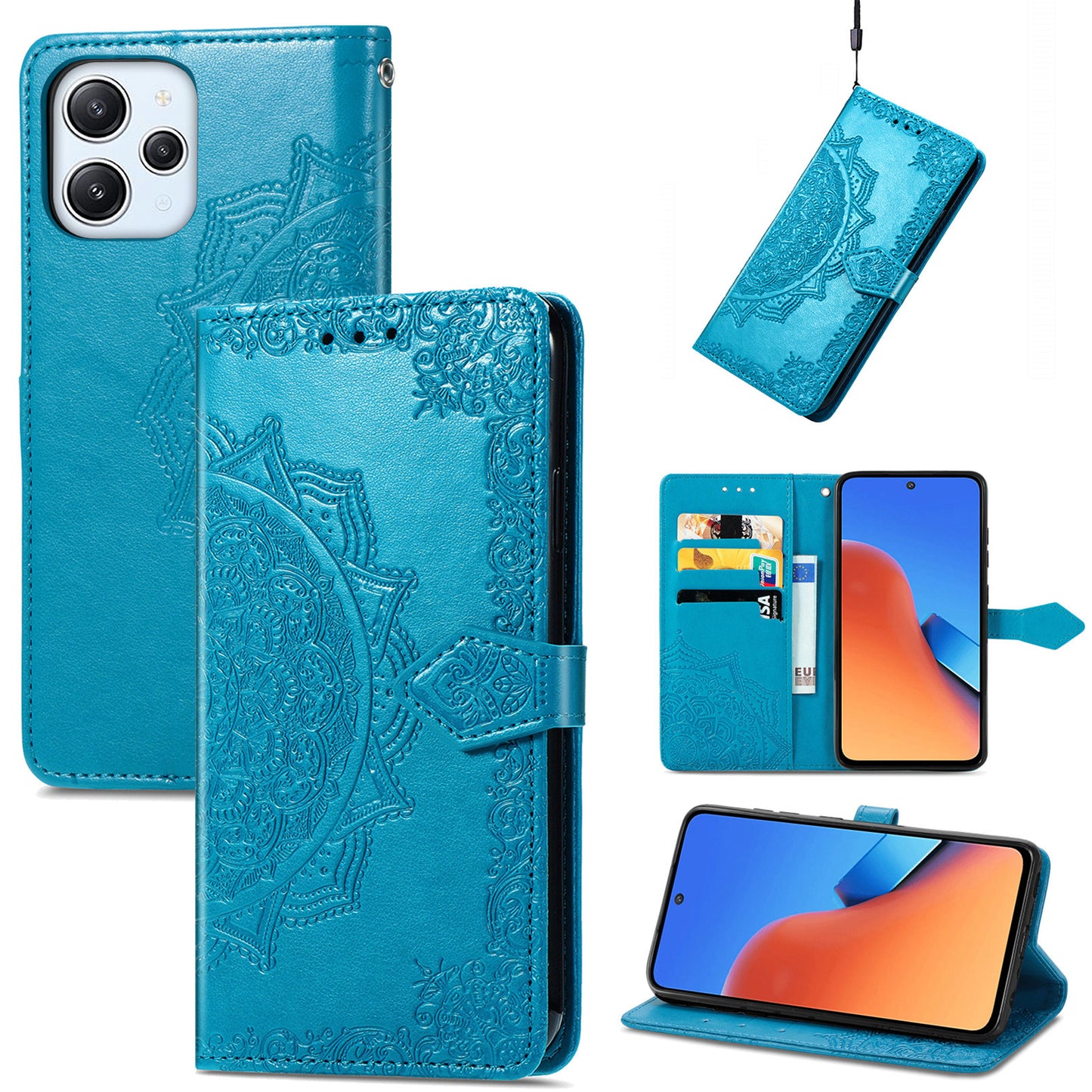 Uniqkart for Xiaomi Redmi 12 4G Embossed Mandala PU Leather Case Stand Wallet Phone Cover - Blue