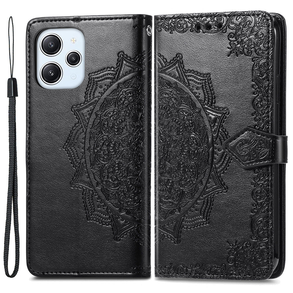 Uniqkart for Xiaomi Redmi 12 4G Embossed Mandala PU Leather Case Stand Wallet Phone Cover - Black