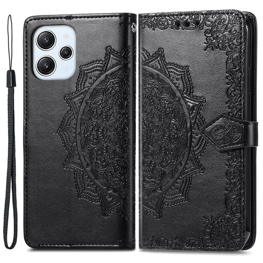Uniqkart for Xiaomi Redmi 12 4G Embossed Mandala PU Leather Case Stand Wallet Phone Cover - Black