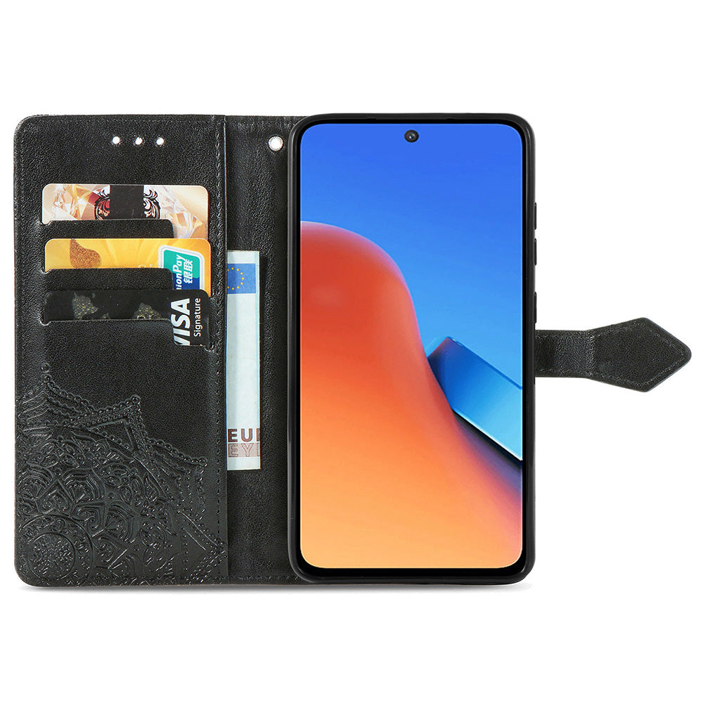 Uniqkart for Xiaomi Redmi 12 4G Embossed Mandala PU Leather Case Stand Wallet Phone Cover - Black