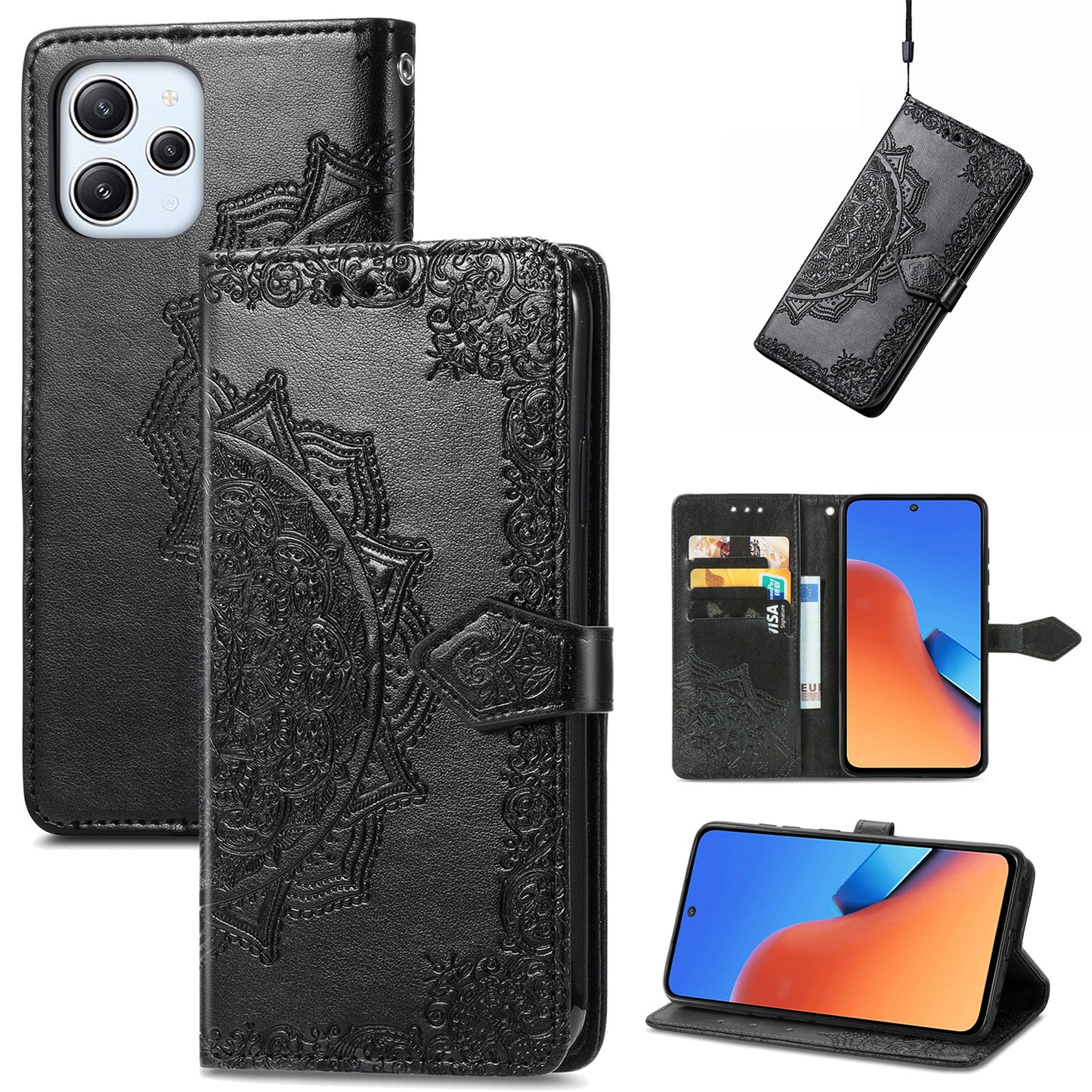 Uniqkart for Xiaomi Redmi 12 4G Embossed Mandala PU Leather Case Stand Wallet Phone Cover - Black