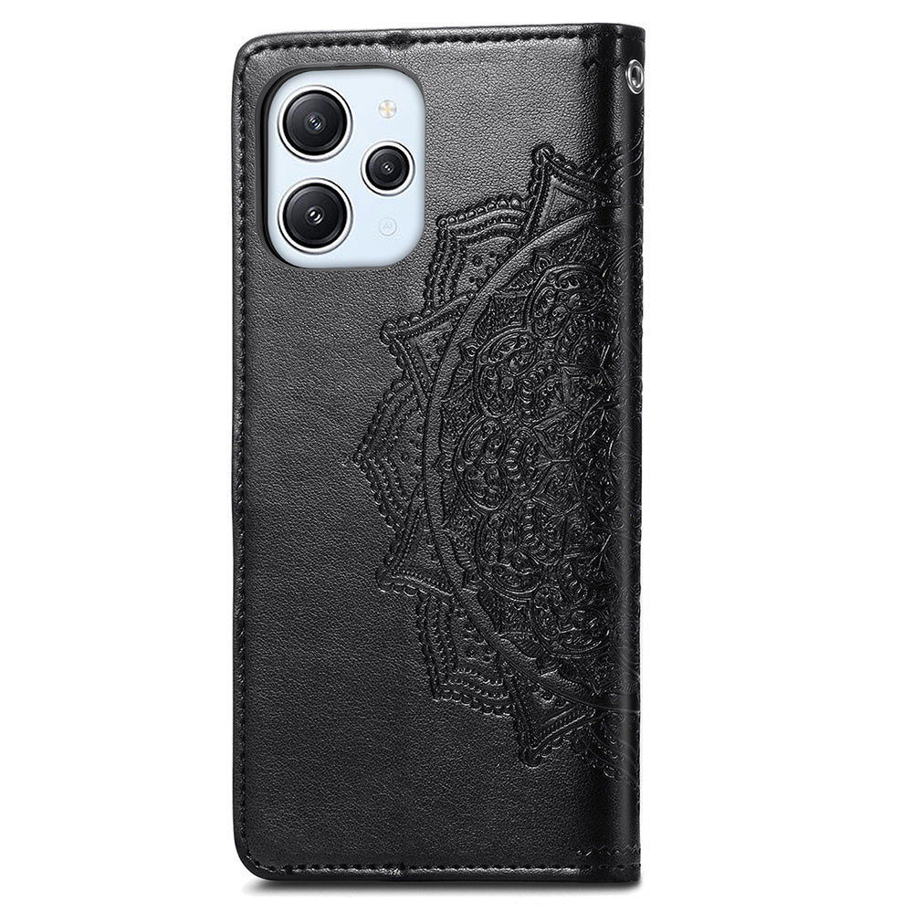 Uniqkart for Xiaomi Redmi 12 4G Embossed Mandala PU Leather Case Stand Wallet Phone Cover - Black