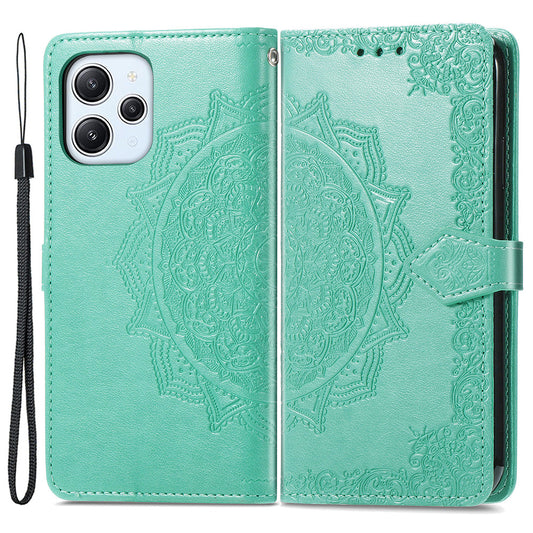 Uniqkart for Xiaomi Redmi 12 4G Embossed Mandala PU Leather Case Stand Wallet Phone Cover - Green