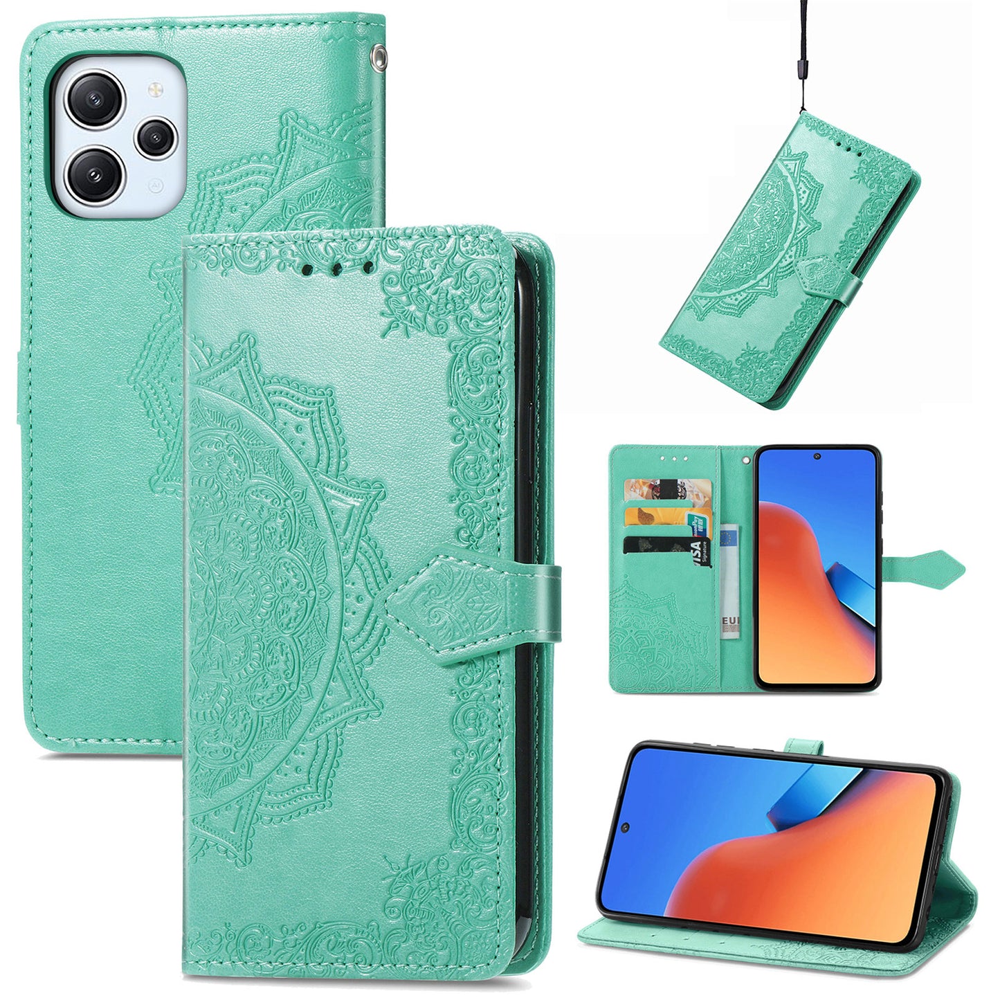 Uniqkart for Xiaomi Redmi 12 4G Embossed Mandala PU Leather Case Stand Wallet Phone Cover - Green