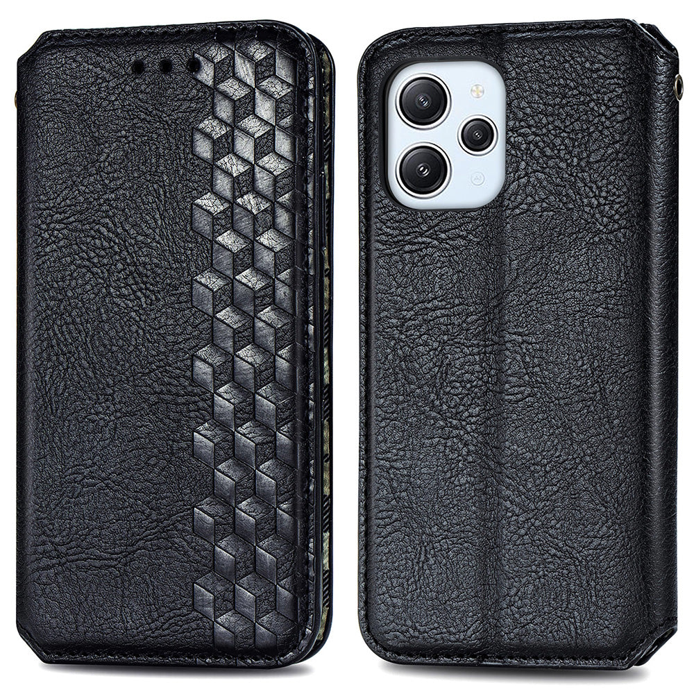 Uniqkart for Xiaomi Redmi 12 4G Imprinted Rhombus Leather Wallet Stand Cover Drop Protection Phone Case - Black