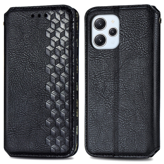 Uniqkart for Xiaomi Redmi 12 4G Imprinted Rhombus Leather Wallet Stand Cover Drop Protection Phone Case - Black