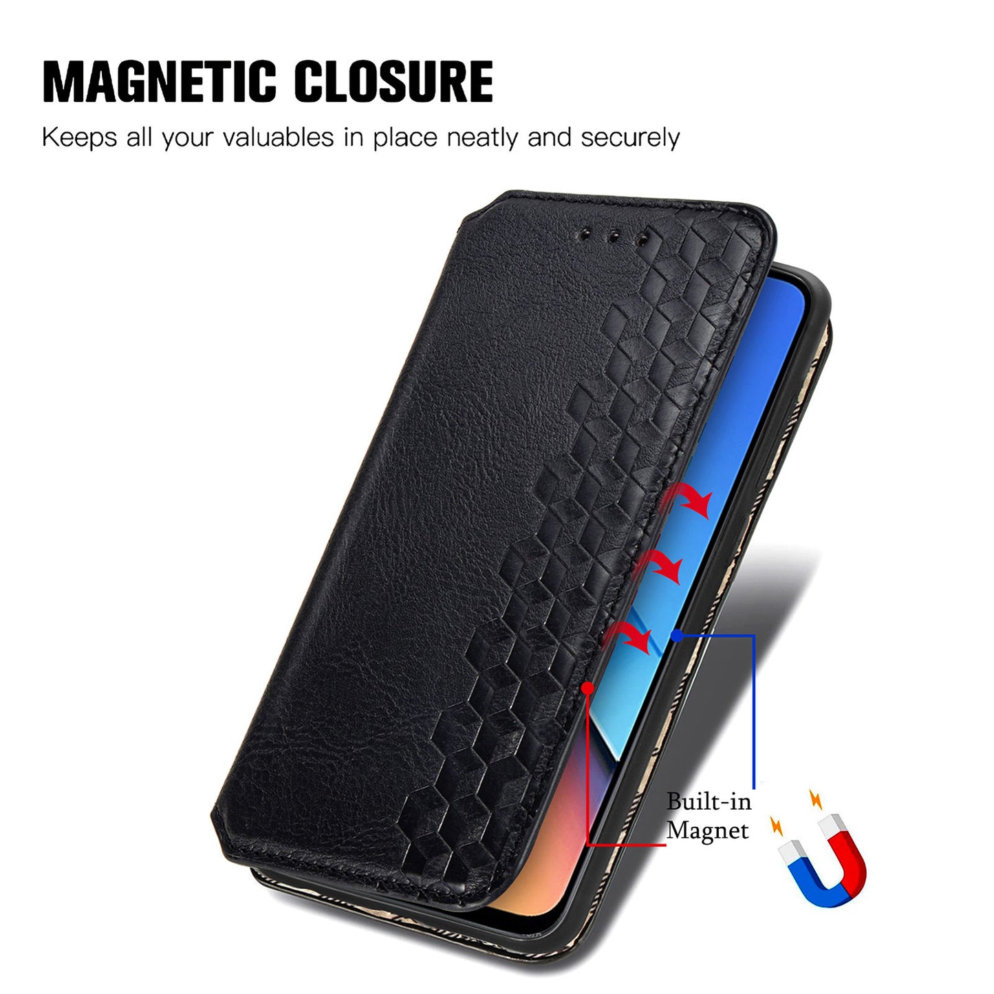 Uniqkart for Xiaomi Redmi 12 4G Imprinted Rhombus Leather Wallet Stand Cover Drop Protection Phone Case - Black