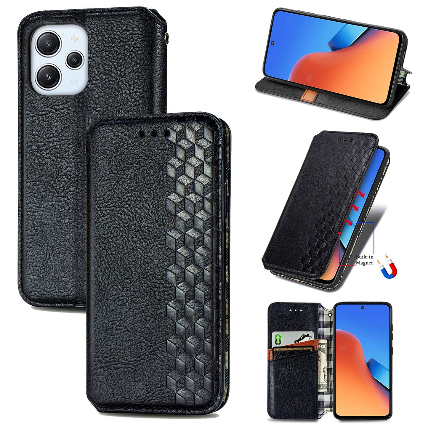 Uniqkart for Xiaomi Redmi 12 4G Imprinted Rhombus Leather Wallet Stand Cover Drop Protection Phone Case - Black